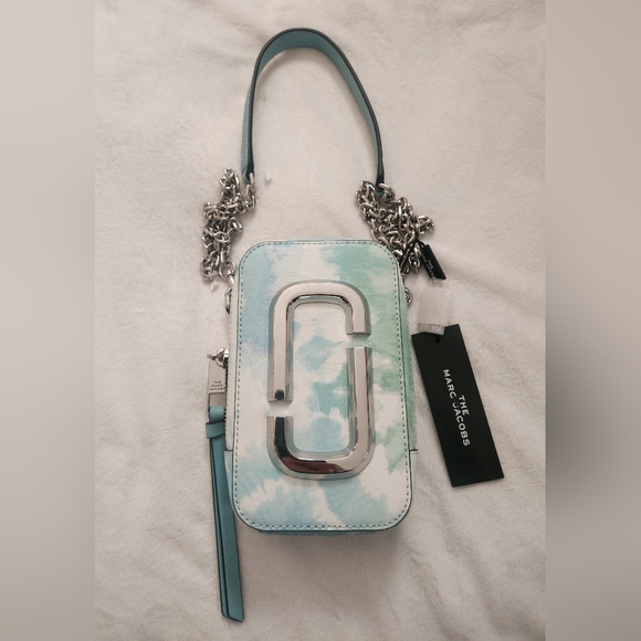 Marc Jacobs Hot Shot Leather Crossbody Bag Silver Chain Tie Dye Blue Multi NWT - Picture 4 of 13